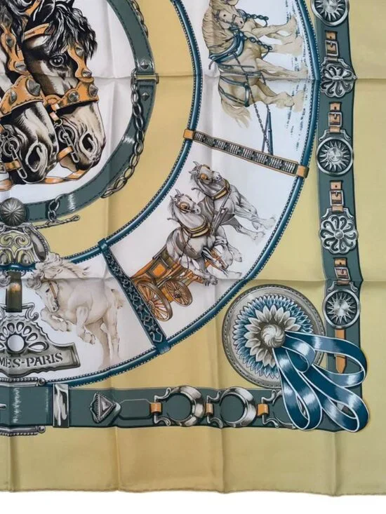 Hermes Scarf Silk Carre 90 Chevaux de Trait Yellow - Picture 5 of 9